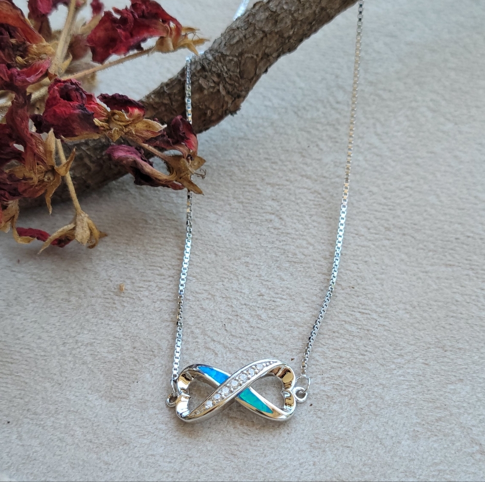 Infinity Created Blue Opal Pendant Sterling Silver Necklace